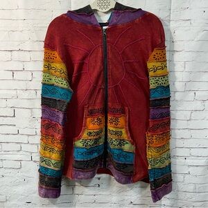 Greater Good Network Jacket Women L XL Red Patchwork Sun Zip Hoodie Boho Nepal